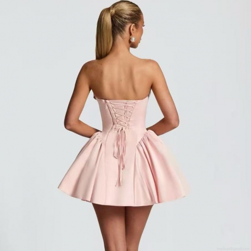 Women's Sweet Satin Tube Top Mini Dress Back Lace-up A-line Puffy Dress Sexy Sleeveless Party Evening Banquet Short Gown For Ladies