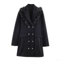 Women's Black Blazer Dress Elegant Long Sleeve Mini Dress With Feather Rhinestone Chains 3D Flowers Double Breasted Gold Buttons Office Commute Party Sexy Outfit