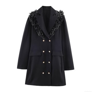 Women's Black Blazer Dress Elegant Long Sleeve Mini Dress With Feather Rhinestone Chains 3D Flowers Double Breasted Gold Buttons Office Commute Party Sexy Outfit