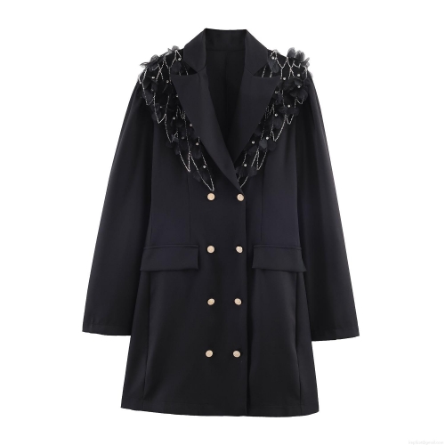 Women's Black Blazer Dress Elegant Long Sleeve Mini Dress With Feather Rhinestone Chains 3D Flowers Double Breasted Gold Buttons Office Commute Party Sexy Outfit