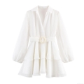 Elegant White Tiered Mini Dress Long Puff Sleeve Shirt Collar With Pearl Buckle Belt For Women Party Banquet Social Sexy Bodycon Clubwear Polyester Breathable Dress