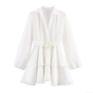 Elegant White Tiered Mini Dress Long Puff Sleeve Shirt Collar With Pearl Buckle Belt For Women Party Banquet Social Sexy Bodycon Clubwear Polyester Breathable Dress