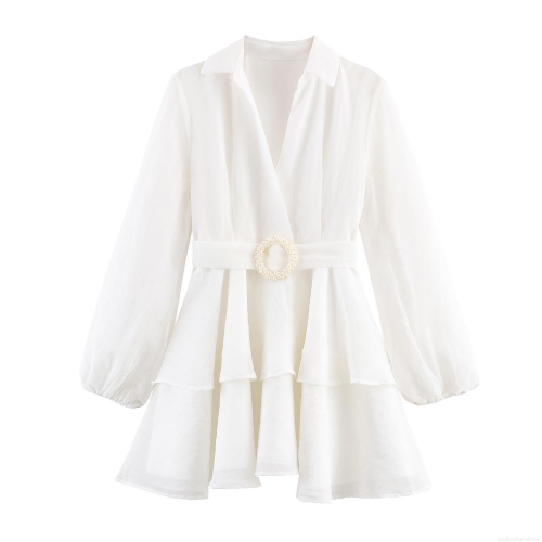 Elegant White Tiered Mini Dress Long Puff Sleeve Shirt Collar With Pearl Buckle Belt For Women Party Banquet Social Sexy Bodycon Clubwear Polyester Breathable Dress