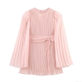 Women Elegant Pink Chiffon Pleated Mini Dress Wide Lantern Sleeve Round Neck Solid Color Dress with Waist Tie and Hidden Back Zipper for Party Dating Celebrity Style