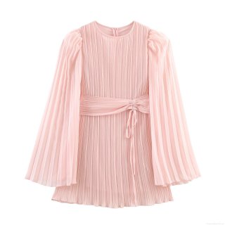 Women Elegant Pink Chiffon Pleated Mini Dress Wide Lantern Sleeve Round Neck Solid Color Dress with Waist Tie and Hidden Back Zipper for Party Dating Celebrity Style
