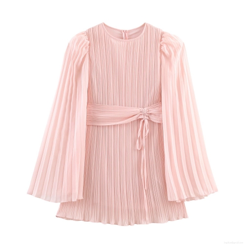 Women Elegant Pink Chiffon Pleated Mini Dress Wide Lantern Sleeve Round Neck Solid Color Dress with Waist Tie and Hidden Back Zipper for Party Dating Celebrity Style