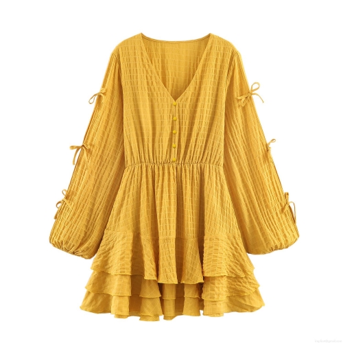 Women's Sweet Vacation Style V-Neck Long Sleeve Tiered Mini Dress Yellow Plaid Textured Ruffle Cake Dress with Tie Design for Women