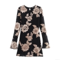 Sexy Women Black Long Sleeve Mini Bodycon Dress With Champagne Floral Embroidery Elegant Mesh Round Neck Slim Fit Party Clubwear Dress