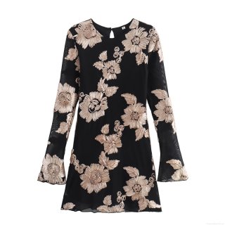 Sexy Women Black Long Sleeve Mini Bodycon Dress With Champagne Floral Embroidery Elegant Mesh Round Neck Slim Fit Party Clubwear Dress