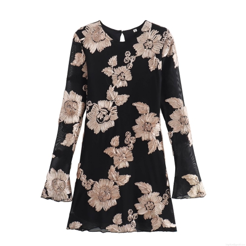 Sexy Women Black Long Sleeve Mini Bodycon Dress With Champagne Floral Embroidery Elegant Mesh Round Neck Slim Fit Party Clubwear Dress