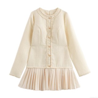 Elegant Tweed Mini Dress For Women French Style Contrast Trim Pleated Hem Long Sleeve Button Up Dress For Spring Autumn Party Office