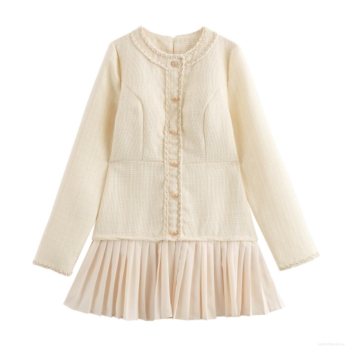 Elegant Tweed Mini Dress For Women French Style Contrast Trim Pleated Hem Long Sleeve Button Up Dress For Spring Autumn Party Office