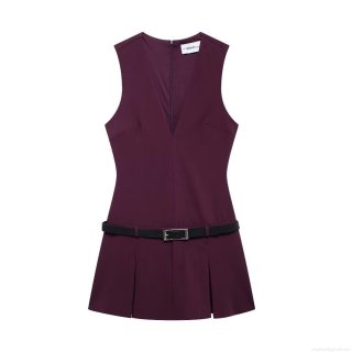 Women Sexy Deep V-Neck Sleeveless Mini Dress Elegant High Waist Pleated Short Dress With Belt Commuter Style 100% Polyester Woven Party Dress