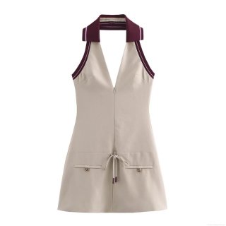 Women Ribbed Halter Neck Backless Mini Dress Contrast Trim Sleeveless V-Neck A-Line Short Dress With Drawstring Waist Pockets Preppy Sexy Summer Sundress