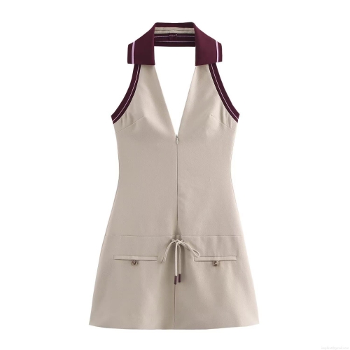 Women Ribbed Halter Neck Backless Mini Dress Contrast Trim Sleeveless V-Neck A-Line Short Dress With Drawstring Waist Pockets Preppy Sexy Summer Sundress
