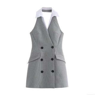 Women Sexy Backless Houndstooth Mini Dress Tweed Polo Neck Sleeveless High Waist Bodycon Short Dress Vintage Plaid Party Clubwear