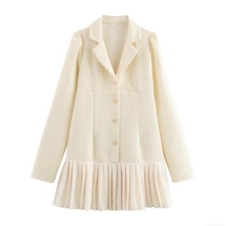 Women Elegant Tweed Blazer Dress Long Sleeve Cinched Waist Pleated Mini Dress Gold Button Office Party Bodycon Short Dresses