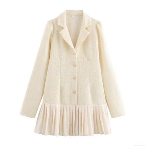 Women Elegant Tweed Blazer Dress Long Sleeve Cinched Waist Pleated Mini Dress Gold Button Office Party Bodycon Short Dresses