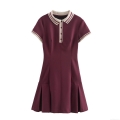 Women Preppy Style Polo Collar Pleated Mini Dress Solid Wine Red Polyester Short Sleeve A-Line Short Dress For School Daily Wear Slim Fit Dress
