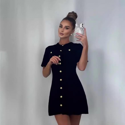 Women's Elegant Knit Mini Dress Chanel Style Short Sleeve Round Neck Single Breasted Gold Button Solid Color Slim Fit Fashion Lady Short Skirt
