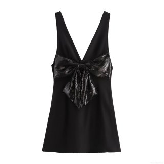 Sexy V-Neck Sleeveless Mini Dress With Large Sequin Bow Decoration High Waist A-Line Sweet Style Evening Party Club Night Out Summer Dress For Women