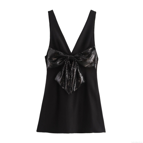 Sexy V-Neck Sleeveless Mini Dress With Large Sequin Bow Decoration High Waist A-Line Sweet Style Evening Party Club Night Out Summer Dress For Women