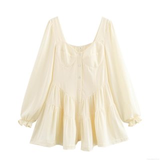 French Style Square Neck Long Sleeve Mini Dress Polyester Solid Color Single Breasted High Waist Tiered Ruffle Dress Women Sweet Elegant Autumn Vacation
