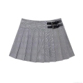 Women's Low Waist Pleated Mini Skirt Grey Plaid Checkered Pattern With Black Leather Buckle Detail And Safety Shorts Liner Preppy Aesthetic Skirt