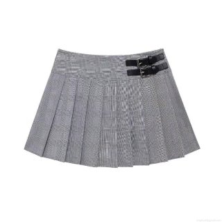 Women's Low Waist Pleated Mini Skirt Grey Plaid Checkered Pattern With Black Leather Buckle Detail And Safety Shorts Liner Preppy Aesthetic Skirt