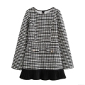 Women's Elegant Houndstooth Tweed Patchwork Mini Dress Long Sleeve Round Neck A-Line Pleated Hem Short Skirt With Gold Buttons For Fall Winter Party Formal Event Office Lady Outfit