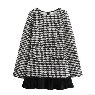 Women's Elegant Houndstooth Tweed Patchwork Mini Dress Long Sleeve Round Neck A-Line Pleated Hem Short Skirt With Gold Buttons For Fall Winter Party Formal Event Office Lady Outfit