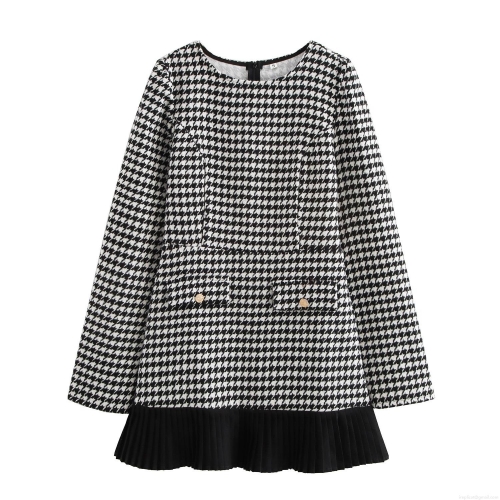 Women's Elegant Houndstooth Tweed Patchwork Mini Dress Long Sleeve Round Neck A-Line Pleated Hem Short Skirt With Gold Buttons For Fall Winter Party Formal Event Office Lady Outfit