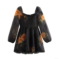 Women Floral Print Organza Mini Dress Square Neck Long Mesh Sleeve Sweet Party Short Dress Elegant Sexy Bodycon High Waist Dress For Date Party
