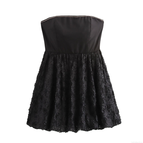 Sexy Women's Backless Tube Top Mini Dress Rose Texture Stitching Sleeveless Party Bodycon Dress High Waist Bubble Hem Dress For Club Party Night