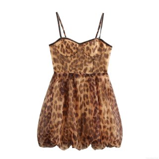 Women Sexy Leopard Print Rhinestone Camisole Mini Dress Wild High Waist Puffy Bubble Hem Sleeveless Nightclub Party Polyester Short Dress