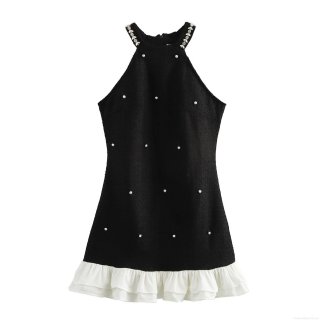 French Elegant Halter Neck Tweed Texture Dress With Pearl Rhinestone Detail White Tiered Ruffle Hem Sleeveless High Waist Slim Fit Mini Dress For Women Party Wedding