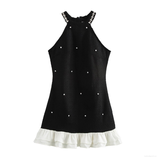French Elegant Halter Neck Tweed Texture Dress With Pearl Rhinestone Detail White Tiered Ruffle Hem Sleeveless High Waist Slim Fit Mini Dress For Women Party Wedding