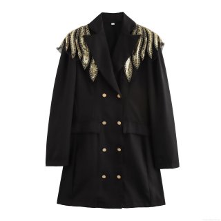 Women's Elegant Black Blazer Mini Dress With Gold Sequin Beaded Wing Shoulder Double Breasted Long Sleeve Commute Slim Fit Short Party Dress Polyester
