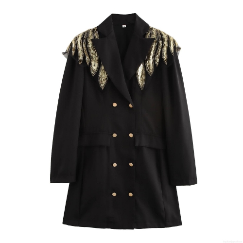 Women's Elegant Black Blazer Mini Dress With Gold Sequin Beaded Wing Shoulder Double Breasted Long Sleeve Commute Slim Fit Short Party Dress Polyester
