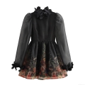 Elegant Vintage Women Organza Mesh Patchwork Mini Dress With 3D Flower Decoration High Neck Long Sleeve Retro Gothic Party Dress Puffy Floral Print Short Skirt Dress For Women