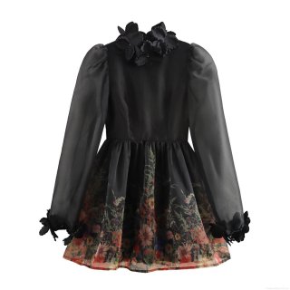 Elegant Vintage Women Organza Mesh Patchwork Mini Dress With 3D Flower Decoration High Neck Long Sleeve Retro Gothic Party Dress Puffy Floral Print Short Skirt Dress For Women