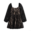 Women Sexy Lace Patchwork Square Neck Dress Elegant Long Puff Sleeve A-Line Mini Dress For Party Evening Autumn Winter Black Dress