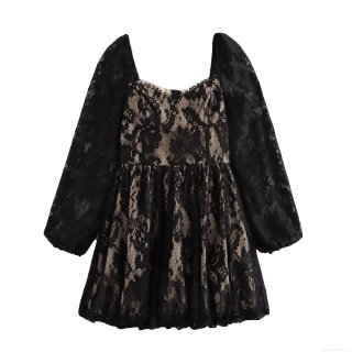 Women Sexy Lace Patchwork Square Neck Dress Elegant Long Puff Sleeve A-Line Mini Dress For Party Evening Autumn Winter Black Dress