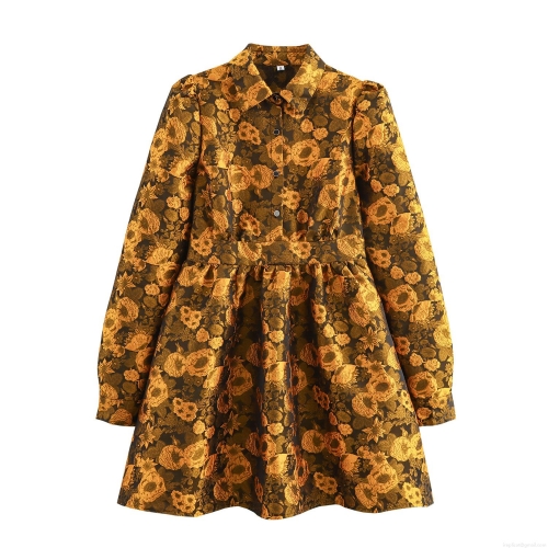 Women's Retro Court Style Jacquard Floral Long Sleeve Mini Dress Elegant Lapel Button Down High Waist Pleated A-Line Party Dress