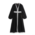 Women's French Style V-Neck Maxi Dress Elegant Lace Patchwork Chiffon Long Sleeve Slim Waist A-Line Retro Long Dress For Autumn Winter Party
