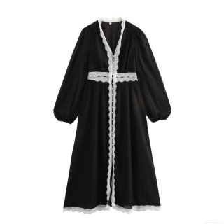 Women's French Style V-Neck Maxi Dress Elegant Lace Patchwork Chiffon Long Sleeve Slim Waist A-Line Retro Long Dress For Autumn Winter Party