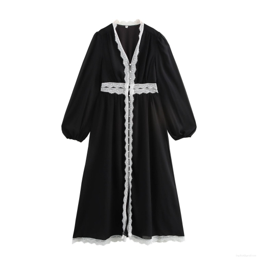 Women's French Style V-Neck Maxi Dress Elegant Lace Patchwork Chiffon Long Sleeve Slim Waist A-Line Retro Long Dress For Autumn Winter Party