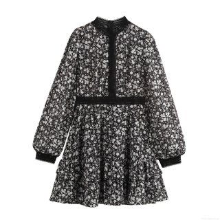 Women French Vintage Floral Chiffon Mini Dress Elegant Mock Neck Long Sleeve Lace Patchwork Ruffle Hem High Waist Short Dress For Daily Dating