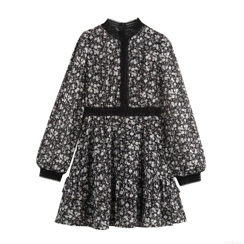 Women French Vintage Floral Chiffon Mini Dress Elegant Mock Neck Long Sleeve Lace Patchwork Ruffle Hem High Waist Short Dress For Daily Dating