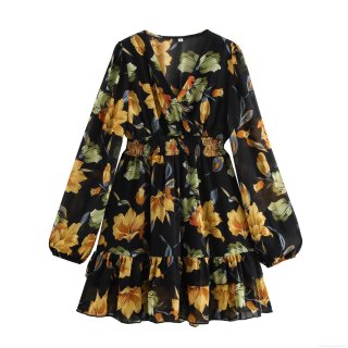 Women's Floral Print Chiffon Dress V-Neck Long Sleeve Ruffle Hem High Waist Mini Vacation Dress Elegant Bohemian Party Short Dress For Women